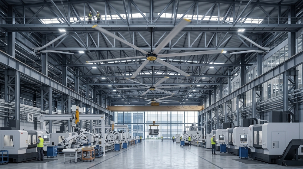 تصور التدقيق الفني: مروحة سقف صناعية ضخمة (HVLS) ذات أجنحة هوائية متخصصة من الألومنيوم 6063-T6 تعمل فوق مصنع. يدير محرك PMSM ذو الدفع المباشر التقسيم الحراري عبر هيكل الجمالون الفولاذي الواسع ومنطقة مركز التشغيل الآلي، بينما يراقب عمال المصنع الإنتاج من منصة عالية الارتفاع.